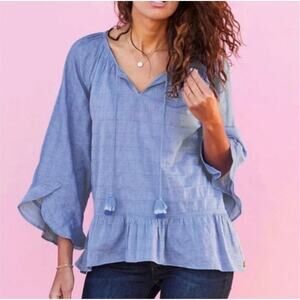 Matilda Jane Dream Chaser Blouse Womens Sz M Blue Lagenlook Tunic Ruffle Tassels